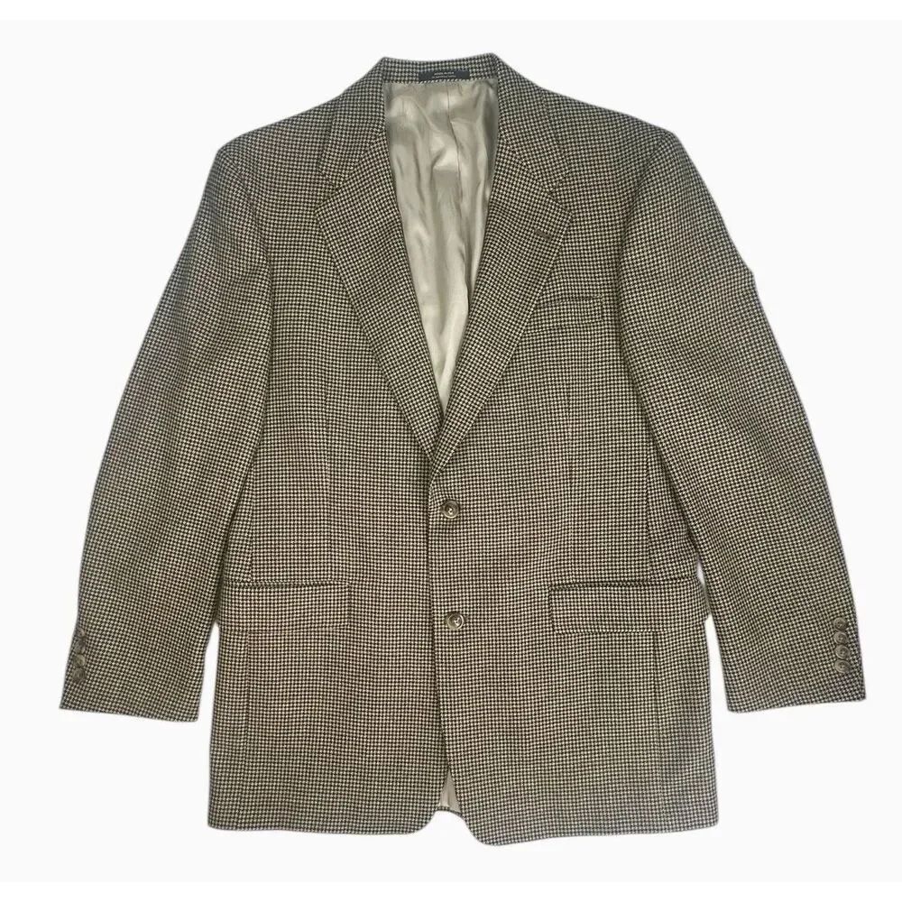 Vintage Hart Schaffner Marx Houndstooth Wool Blend Sport Coat 44R Tan Blazer USA